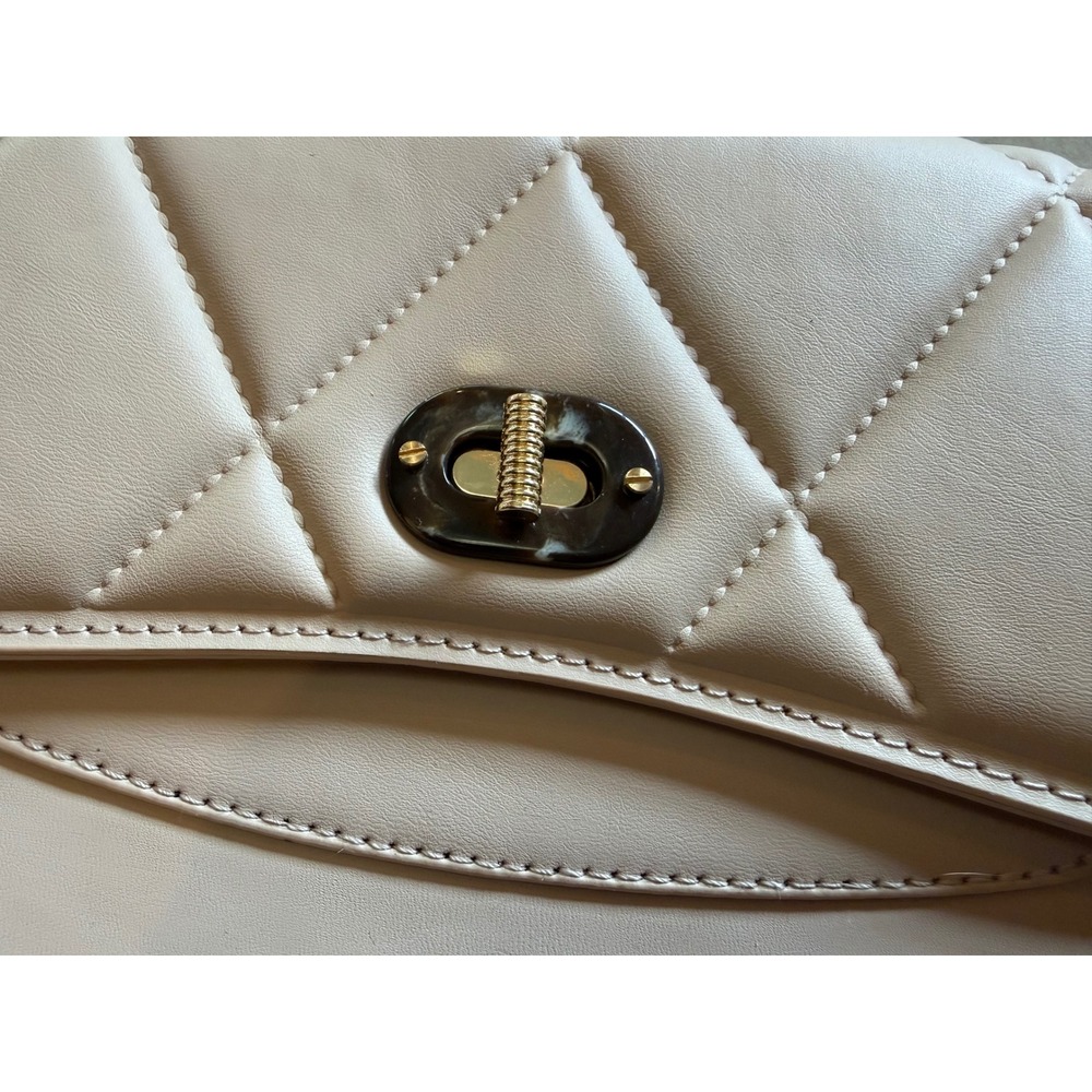 Quilted Beige Crossbody Bag Tortoiseshell Turn Lock Gold Hardware Vegan Leather - Picture 2 of 3